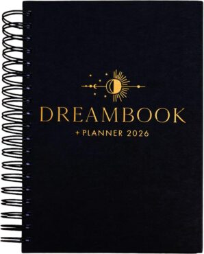 Black spiral-bound dreambook planner for 2026 featuring gold moon and sun celestial design, ideal for business planning and organizational management.