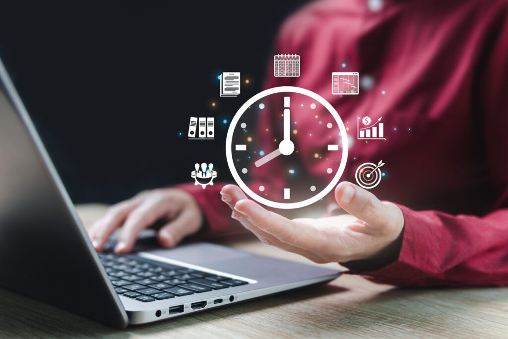 A professional holding a digital clock icon surrounded by business management symbols representing scheduling, resource allocation, and operational efficiency in the foodservice industry.
